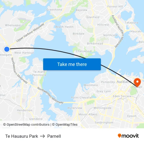 Te Hauauru Park to Parnell map