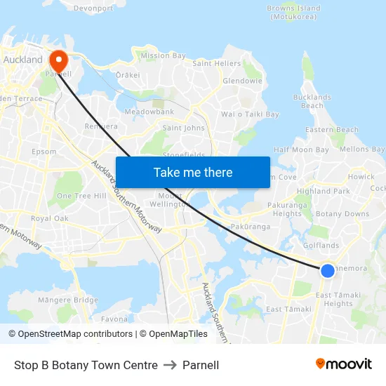 Stop B Botany Town Centre to Parnell map