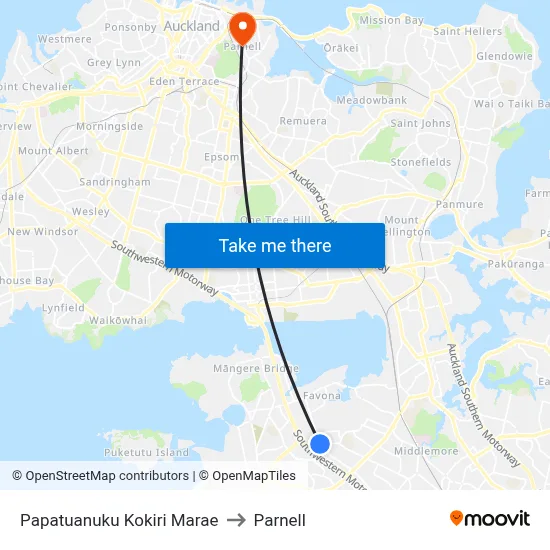 Papatuanuku Kokiri Marae to Parnell map