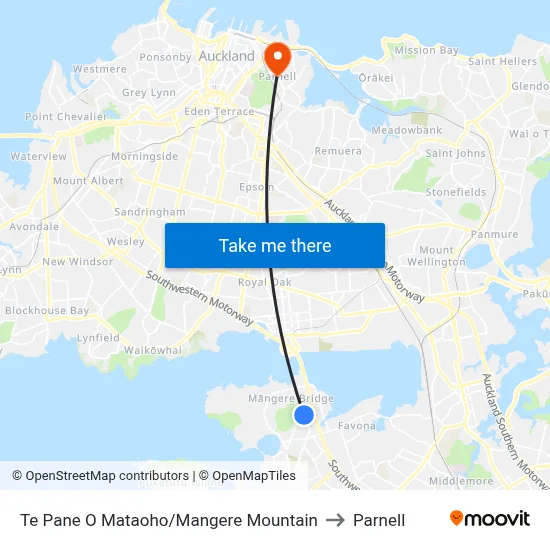 Te Pane O Mataoho/Mangere Mountain to Parnell map