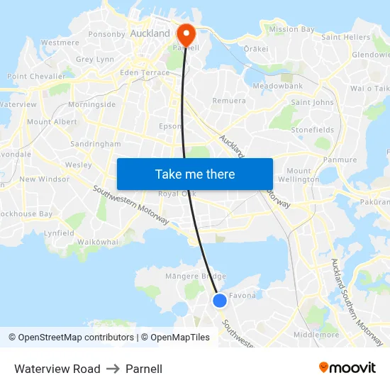 Waterview Road to Parnell map