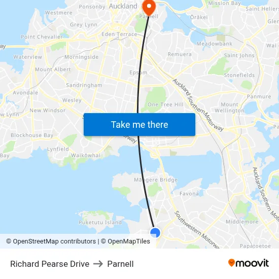 Richard Pearse Drive to Parnell map