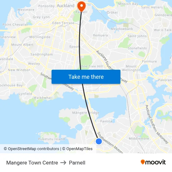 Mangere Town Centre to Parnell map