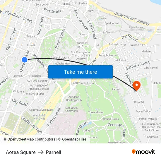 Aotea Square to Parnell map
