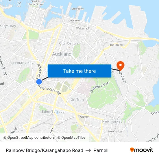 Rainbow Bridge/Karangahape Road to Parnell map