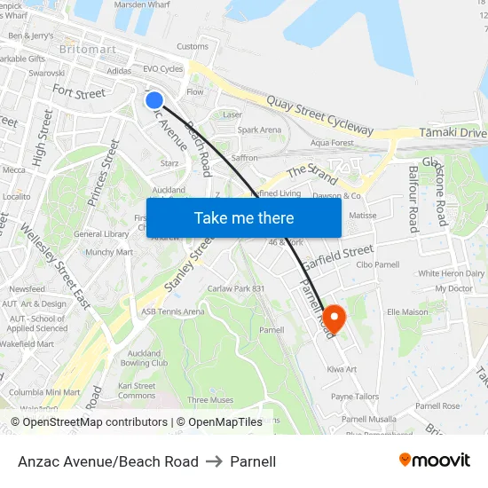 Anzac Avenue/Beach Road to Parnell map