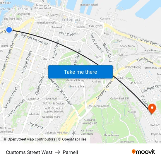 Customs Street West to Parnell map