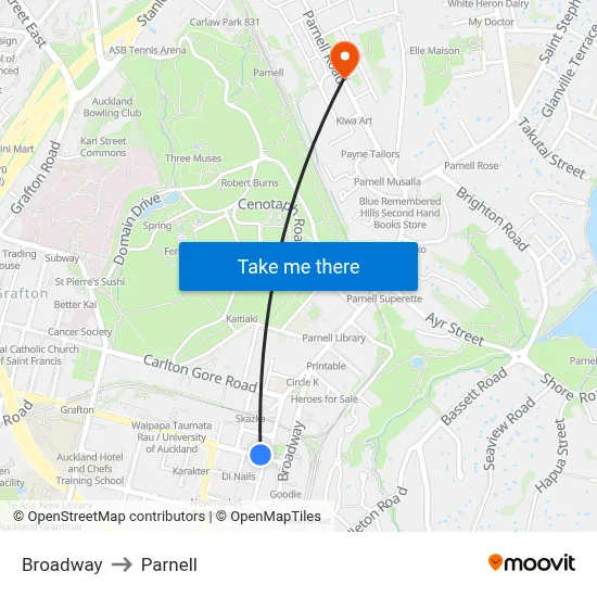 Broadway to Parnell map
