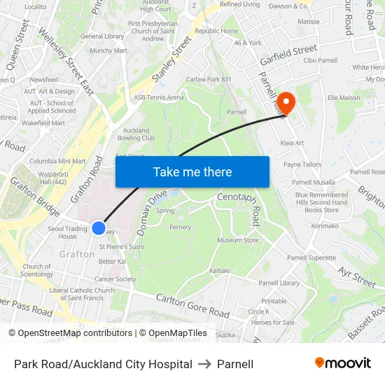Park Road/Auckland City Hospital to Parnell map
