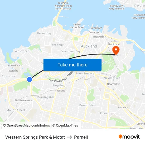 Western Springs Park & Motat to Parnell map