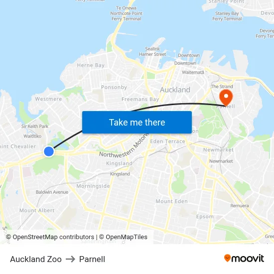Auckland Zoo to Parnell map