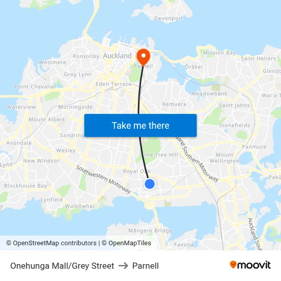 Onehunga Mall/Grey Street to Parnell map