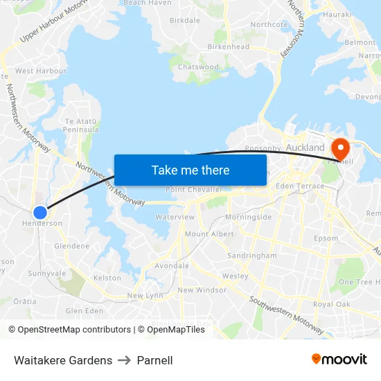 Waitakere Gardens to Parnell map