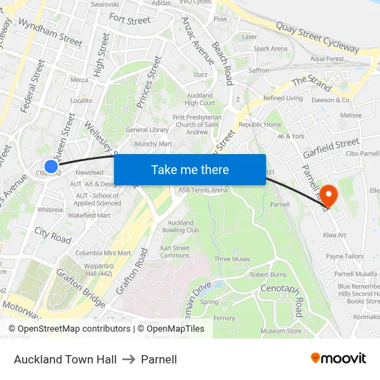 Auckland Town Hall to Parnell map
