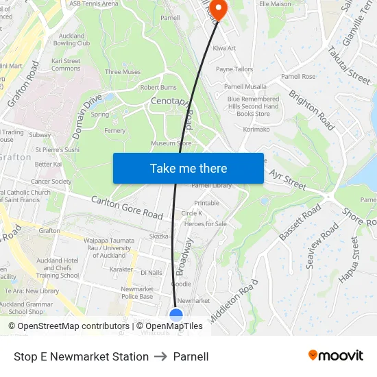 Stop E Newmarket Station to Parnell map