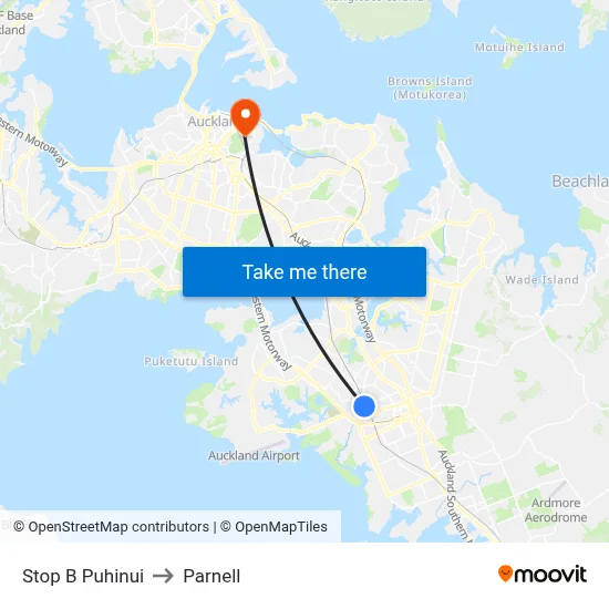 Stop B Puhinui to Parnell map