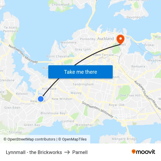 Lynnmall - the Brickworks to Parnell map