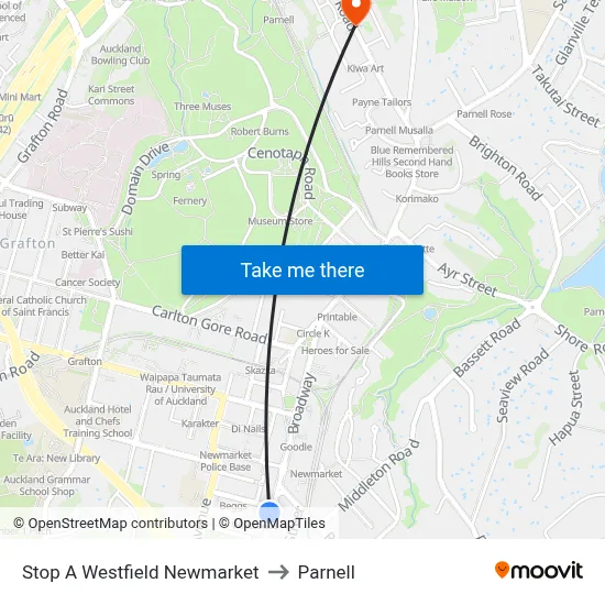 Stop A Westfield Newmarket to Parnell map
