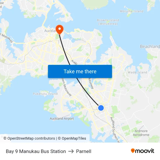 Bay 9 Manukau Bus Station to Parnell map