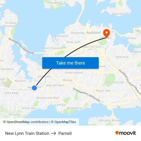 New Lynn Train Station to Parnell map