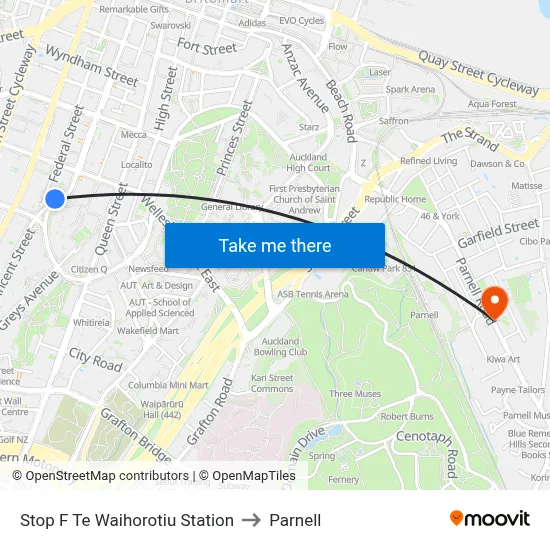 Stop F Te Waihorotiu Station to Parnell map