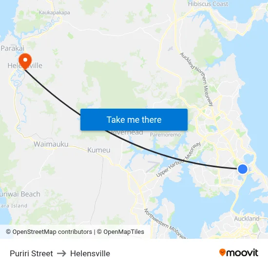 Puriri Street to Helensville map