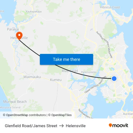 Glenfield Road/James Street to Helensville map