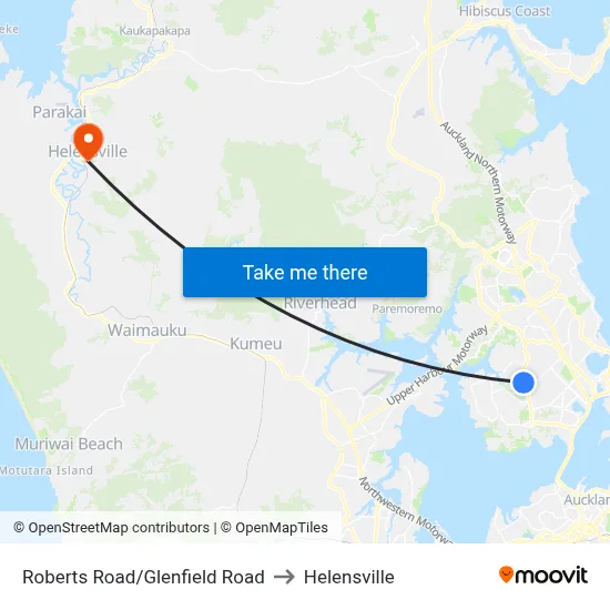 Roberts Road/Glenfield Road to Helensville map
