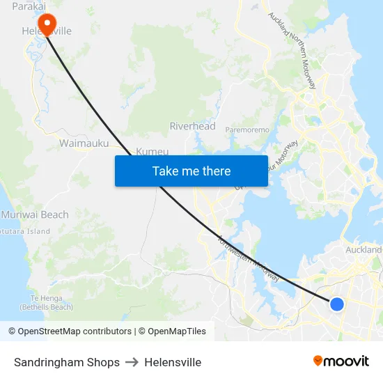 Sandringham Shops to Helensville map