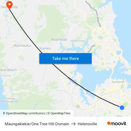 Maungakiekie/One Tree Hill Domain to Helensville map