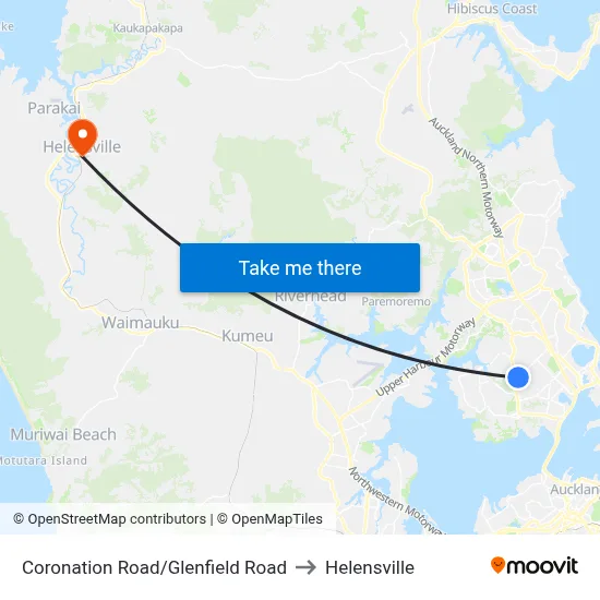 Coronation Road/Glenfield Road to Helensville map