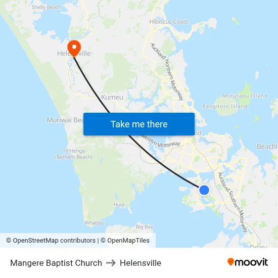 Mangere Baptist Church to Helensville map