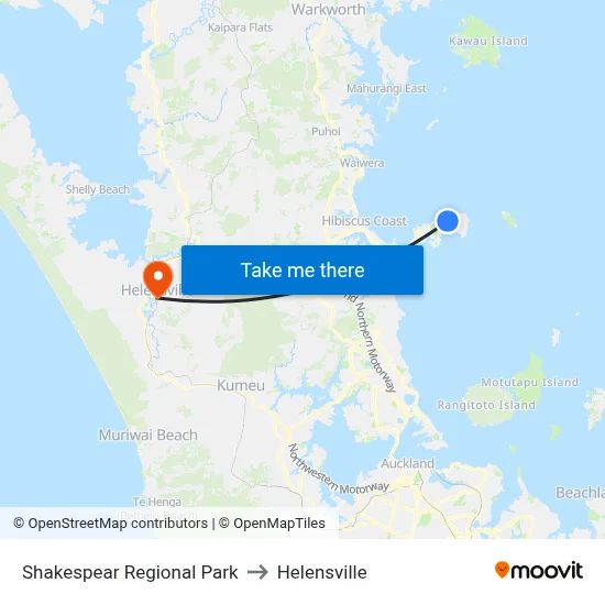 Shakespear Regional Park to Helensville map
