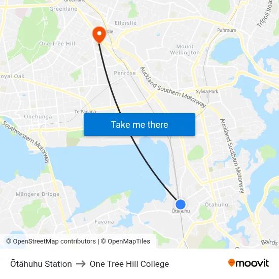 Ōtāhuhu to One Tree Hill College map