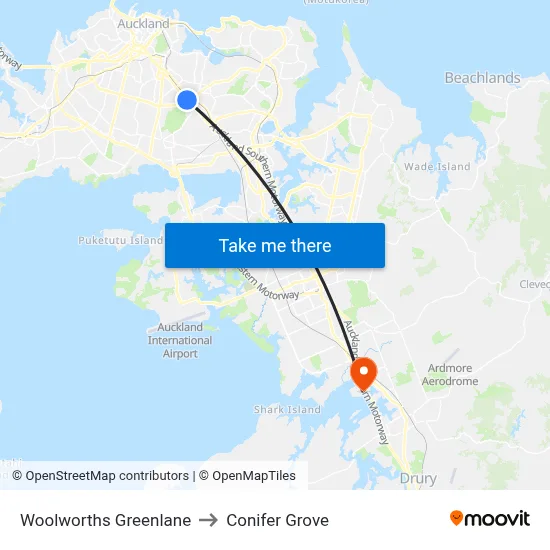 Woolworths Greenlane to Conifer Grove map