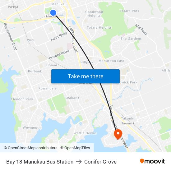 Bay 18 Manukau Bus Station to Conifer Grove map