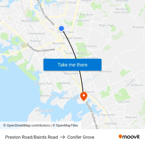 Preston Road/Bairds Road to Conifer Grove map