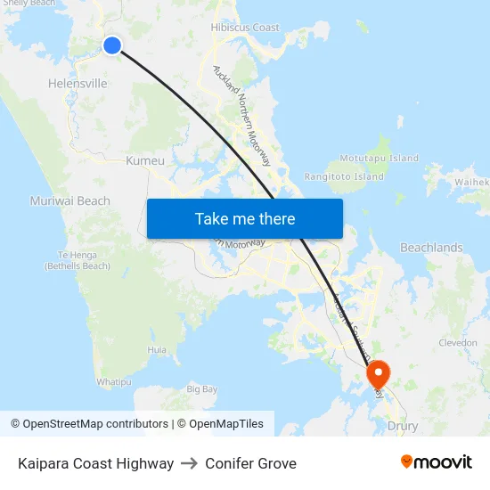 Kaipara Coast Highway to Conifer Grove map