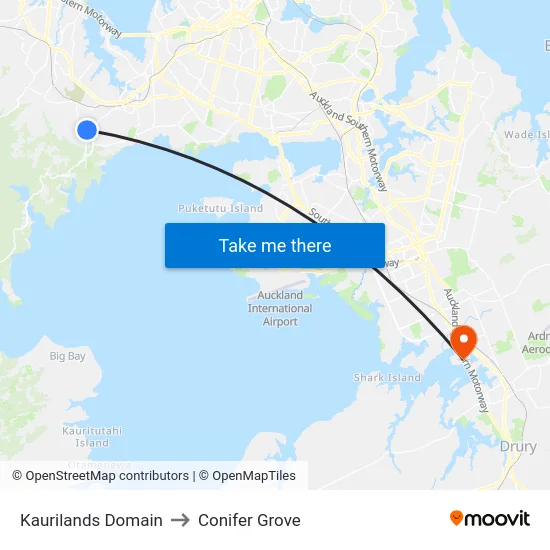 Kaurilands Domain to Conifer Grove map