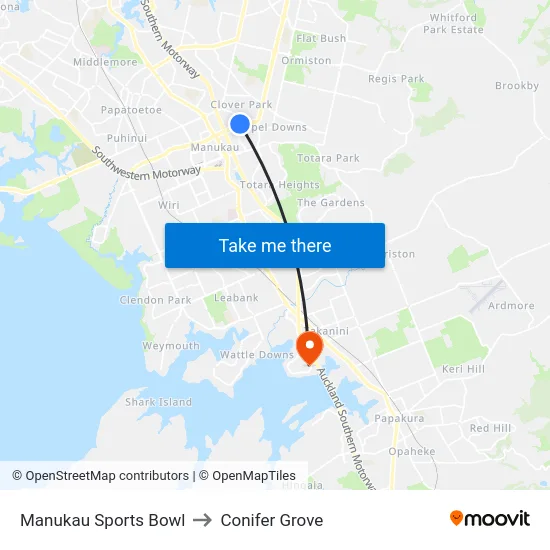 Manukau Sports Bowl to Conifer Grove map