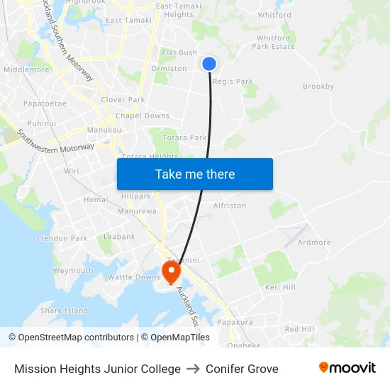 Mission Heights Junior College to Conifer Grove map