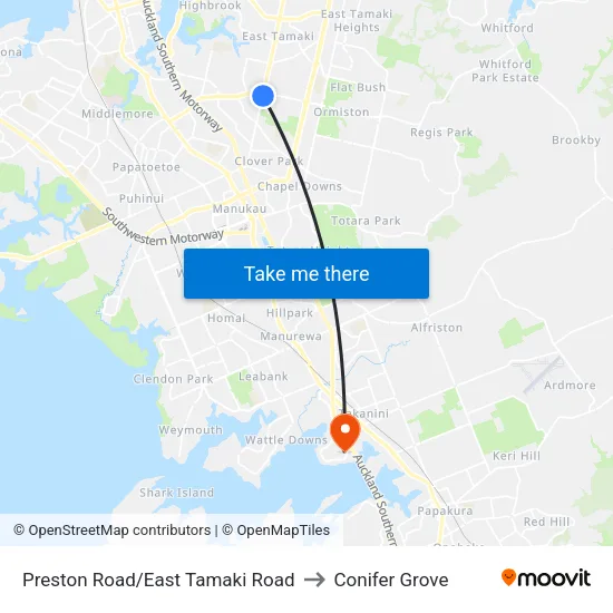 Preston Road/East Tamaki Road to Conifer Grove map