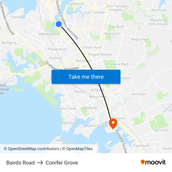 Bairds Road to Conifer Grove map