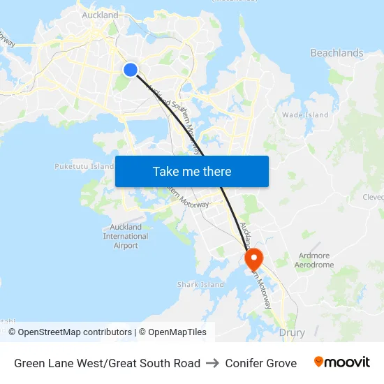 Green Lane West/Great South Road to Conifer Grove map