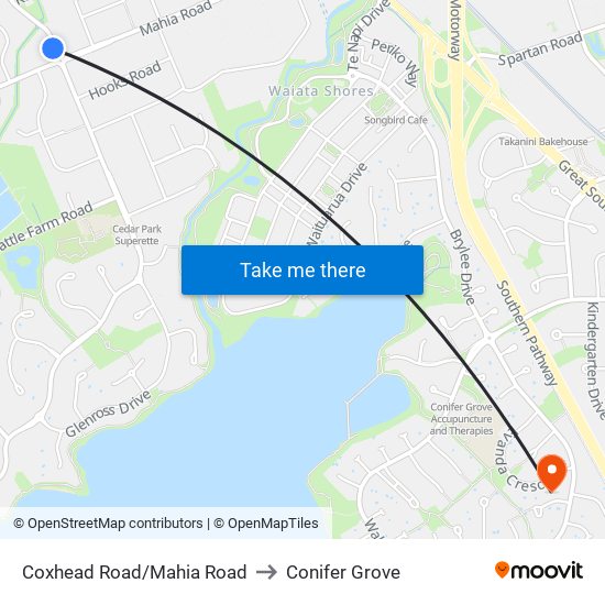Coxhead Road/Mahia Road to Conifer Grove map