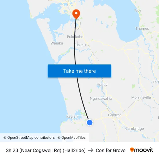 Sh 23, Te Uku (Near Cogswell Rd) (Hail2ride) to Conifer Grove map