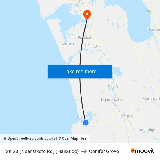 Sh 23, Raglan (Near Okete Rd) (Hail2ride) to Conifer Grove map