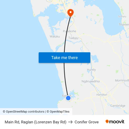 Main Rd, Raglan (Lorenzen Bay Rd) to Conifer Grove map