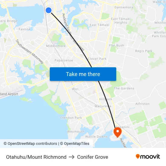 Otahuhu/Mount Richmond to Conifer Grove map