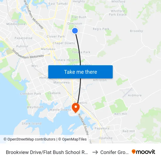 Brookview Drive/Flat Bush School Road to Conifer Grove map